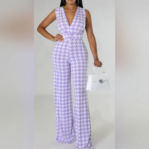 Houndstooth Jumpsuit TALL GIRL FRIENDLY INSEAM 38" 95% Polyester 5% Spandex - Picture 1 of 2